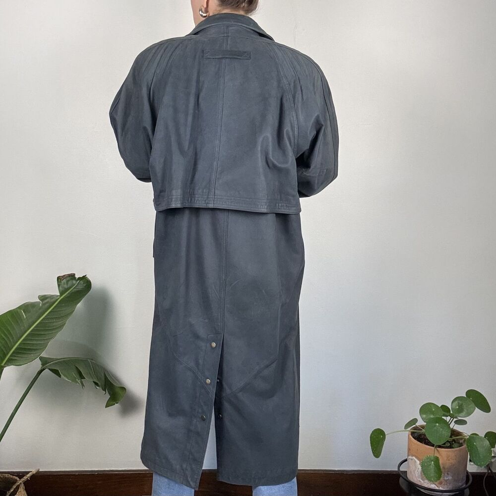 Vintage Genuine Leather Trench Coat, Slate-Gray-Blue - Picture 4 of 16